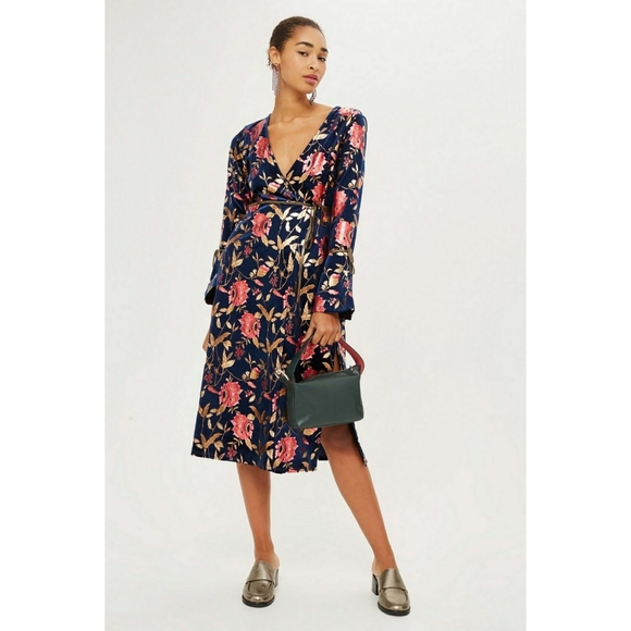 Topshop Foil Floral Plunge Wrap Dress Navy/Gold - Picture 2 of 10